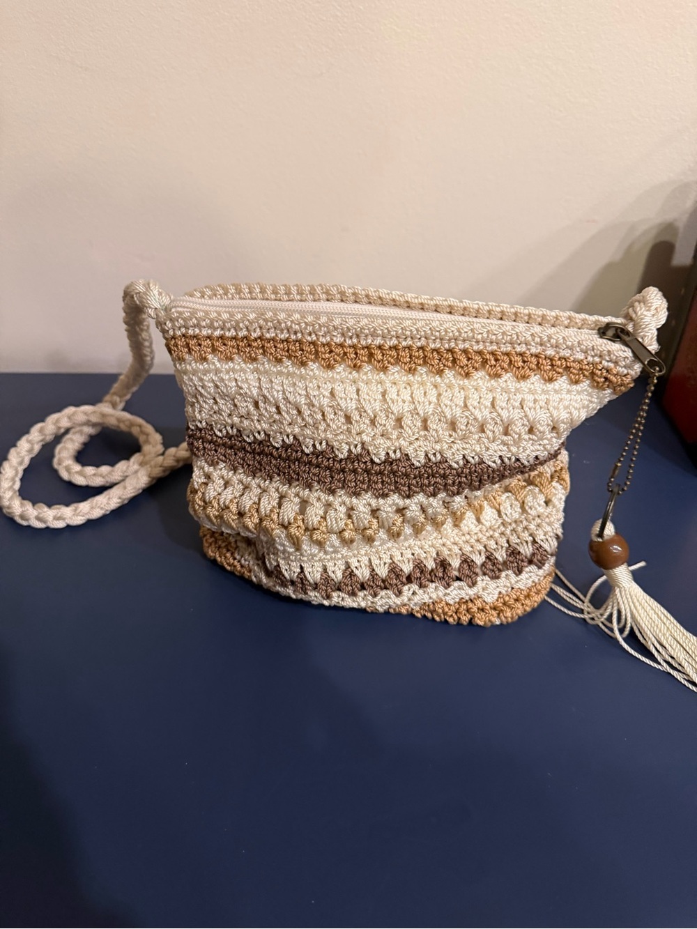 Crochet Crossbody Bag in Cream and Brown - Small Boho Shoulder Purse